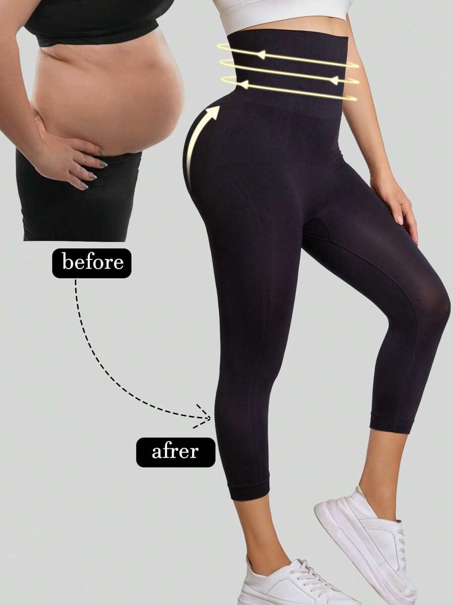 1 pieza Leggings de cintura alta con control de abdomen y soporte de espina de pescado, estilo básico sólido para mujeres