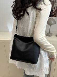 Fashionable Versatile Solid Color Vintage PU Shoulder Bag, Casual Simple Textured Bucket Bag