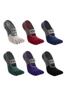 6 Pairs Women Sport Toe Separator Socks, Contrasting Color Letter Knit, Non-Slip Grip Suitable For Pilates, Ballet, Dance, Barefoot Workout, Spring/Summer