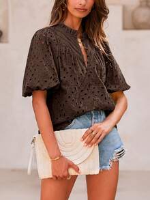 Women's Summer Top Fashion Casual Lantern Short Sleeve V-Neck Button Hollow-Out Lace Embroidery Shirt - Cà phê nâu - Xem 5