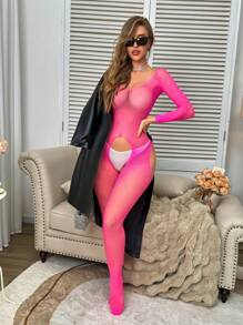 1 pezzo Tutina sexy fucsia da donna, con cavallo aperto, ad alta elasticità e trasparente, adatta per l'estate e vacanze al mare