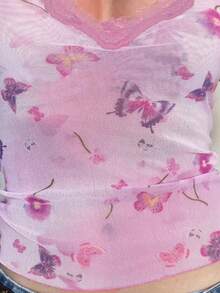 Lila Schmetterlings-Muster Patchwork Spitzen Trägerhemd Damen mit Trägern, Rückenausschnitt und kurzem Cropped-Top für Sommer, Strandurlaub, Y2K-Mode - Violett - Übersicht 4