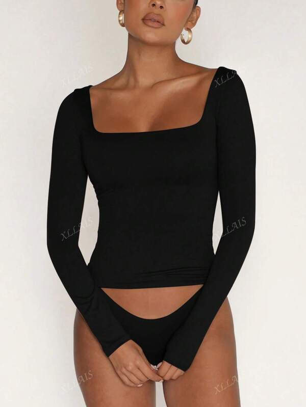 XLLAIS femei solide cu guler pătrat mare, mânecă lungă, casual, negru, top sexy, elastic, dublu strat, tricou
