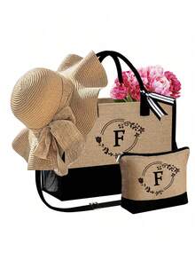 3pcs/Set Women'S Beach Tote Bag With Shoulder Straps,With Women'S Beach Hat And A Makeup Bag,Letter A-Z Beach Accessories Bag,Personalized Gift Bag With Side Pockets, Beach Bag With Scarf, Women'S Khaki Wave Beach Sun Hat - Khaki - View 21