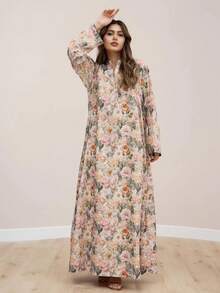 1pc Women's Traditional Arabic Style Chiffon Print Lightweight Breathable Bell Sleeve Dress, Middle East Jalabiya Dress