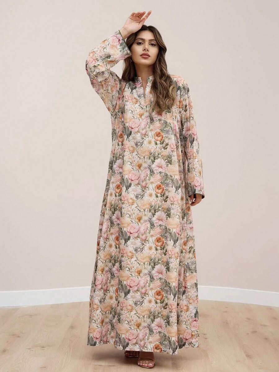 1pc Women's Traditional Arabic Style Chiffon Print Lightweight Breathable Bell Sleeve Dress, Middle East Jalabiya Dress