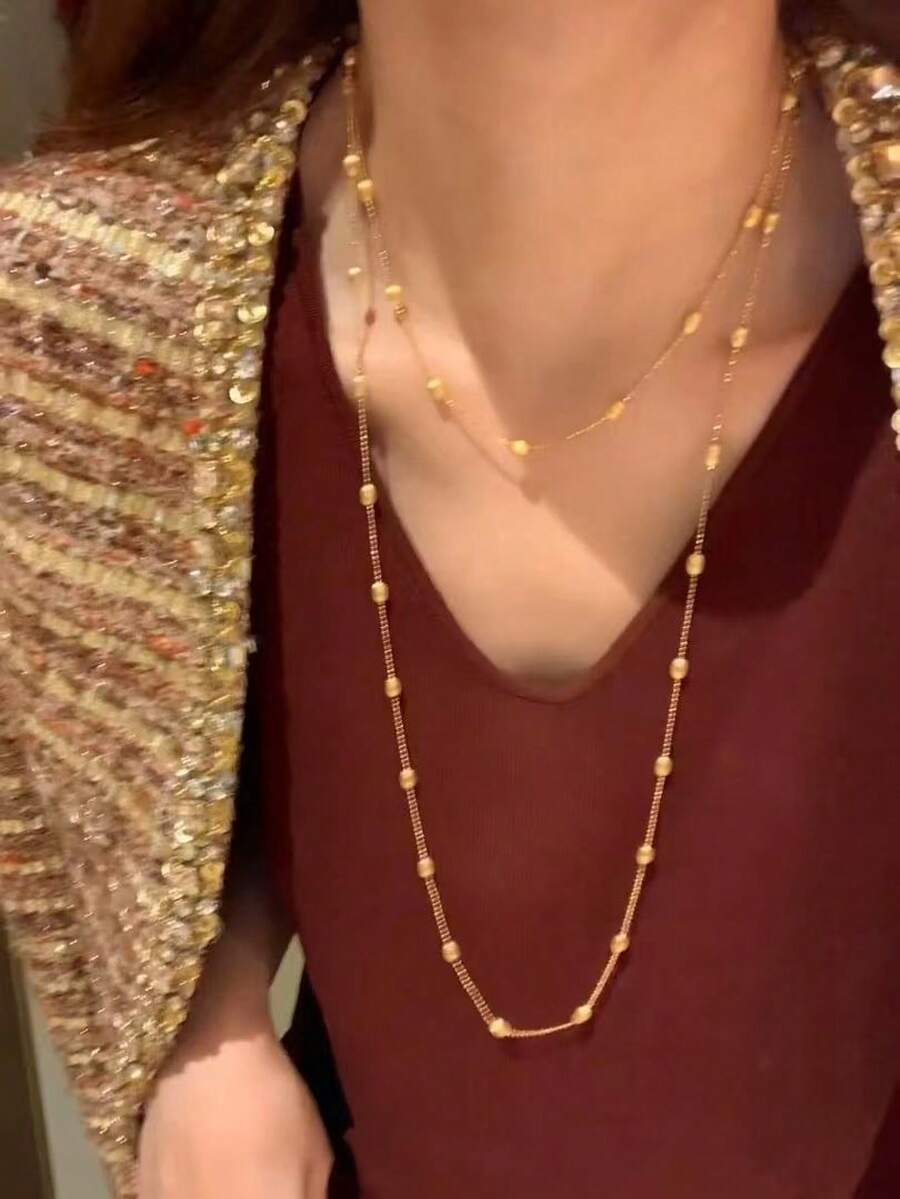 1 chiếc vòng cổ hình cầu bằng thép không gỉ mạ vàng 18K, dài 100cm, thời trang để trang trí hàng ngày, tiệc tùng, đi chơi - Vàng - Xem 1