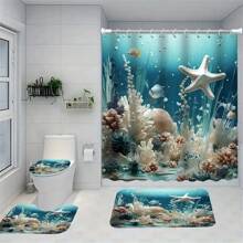1/4pcs Seashell & Starfish Print Bathroom Set, Decorative Shower Curtain Set Including Curtain, Anti-Slip Mat, Toilet Cover, Bath Mat And 12 Plastic Hooks, Bathroom Accessories, Home Decor Home Bathroom Decor Summer Back To School