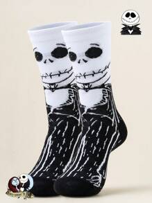 Disney 1 par, unisex, calcetines de media caña con dibujo de Jack de Disney, contraste negro y blanco, tejido suave, ajuste elástico, estilo gótico oscuro, set de calcetines de pareja/mujer, edición limitada para Pascua/verano/Halloween/pareja/mujer/calcetines blancos
