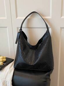 Fashionable PU Woven Commuter Tote Bag, Simple Niche Design Underarm Bag, Large Capacity Shoulder Messenger Bag - Black - View 6