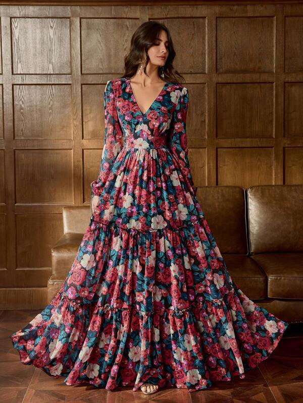 Robe élégante à col en V, manches lanternes, imprimé floral, robe de soirée de cérémonie, robe de jardin, robe de soirée, robe de mariée, invité de mariage