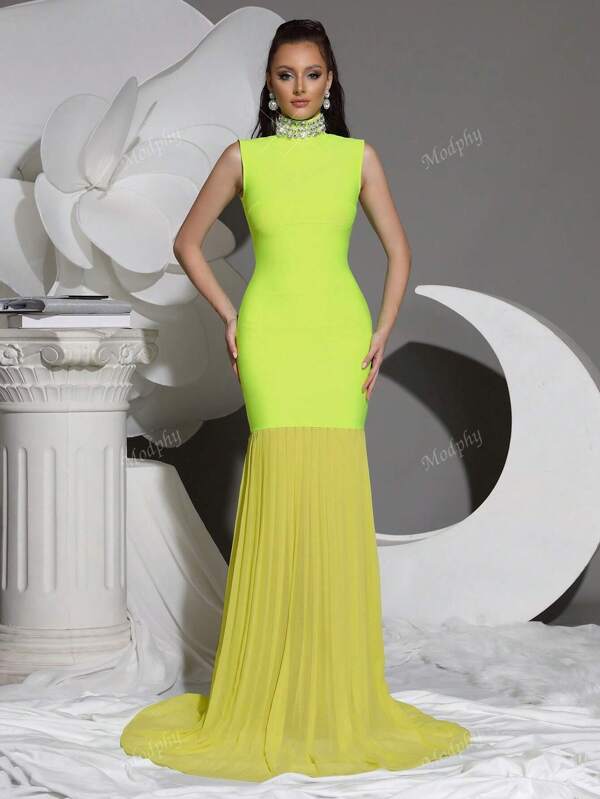 Modphy Summer New Diamond Turtleneck Bodycon Long Dress Women Sleeveless Patchwork Fashion Elegant Evening Birthday Party Dinner Wedding Gowns, Formal, For Wedding Guest