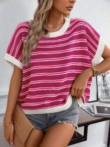 女士休闲通勤针织条纹无袖镂空圆领常规宽松背心，奶油黄色基本款夏季服饰（图案随机） - 玫紅色 - 查看 4