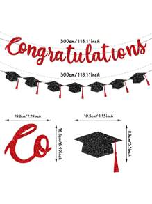1 Set Glitter Pink & Black 2025 Graduation Congratulations Banner, Paired With Graduation Cap Hanging Flag Decorations, Suitable For Graduation Ceremony And Party Decoration