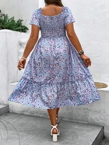 Plus Size Ditsy Floral Square Neck Short Sleeve Vacation Dress, Summer - Blue - View 6