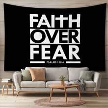 1 pezzo Arazzo in terylene con citazione ispiratrice religiosa "La fede vince la paura", decorazione da parete in bianco e nero con citazione biblica, per la casa, l'appartamento, il soggiorno, dimensioni 230 cm x 180 cm, arazzo con slogan cristiano