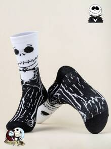Disney 1 par, unisex, calcetines de media caña con dibujo de Jack de Disney, contraste negro y blanco, tejido suave, ajuste elástico, estilo gótico oscuro, set de calcetines de pareja/mujer, edición limitada para Pascua/verano/Halloween/pareja/mujer/calcetines blancos