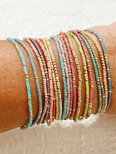 19pcs Colorful Glass Bead Stretch Bracelets, Boho Style Handmade Beaded Bracelets For Women (CCB Seed Beads, Random Color)