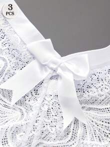 3pcs/Set Plus Size Women Lace Thong Panties With Bow Accent, Sexy Transparent Solid Color Elastic Comfortable Ladies G-String Underwear With Bowknot Back - Multicolor - View 5