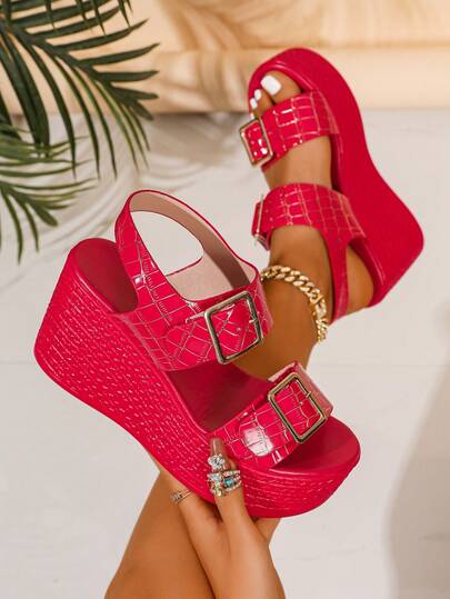 Sandali con zeppa e plateau, scivolo, punta aperta e tacco alto da donna, rossi, di moda, versatili, antiscivolo, con suola spessa, scarpe estive