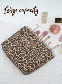 1PC Sturdy Leopard Print Cotton Hexagon Pouch - Structured Geometric Design & Smooth Zipper Travel Toiletry Organizer | Women's Accessories Storage | Geometric Cosmetic Case | Small Essentials Holder | Zipper Closure | Boho Chic Style | Fabric | Waterproof Lining | Minimalist Design | Gym Toiletries Bag