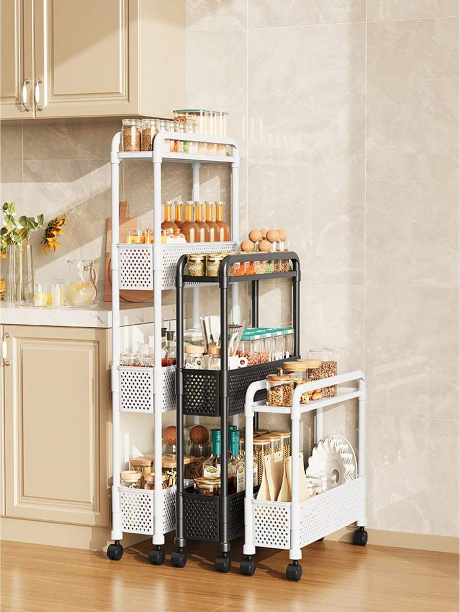 4-Tier Black Plastic Rolling Utility Cart With Handle, Multipurpose Storage Push Cart, Suitable For Office, Living Room, Kitchen, Movable With Wheels Storage Organizer, Kitchen Storage Utensils, Room Decoration, Suitable For Kitchen, Restaurant, Party, Camping, Gathering, Gift For Friends, Family Gift - Multicolor - View 1