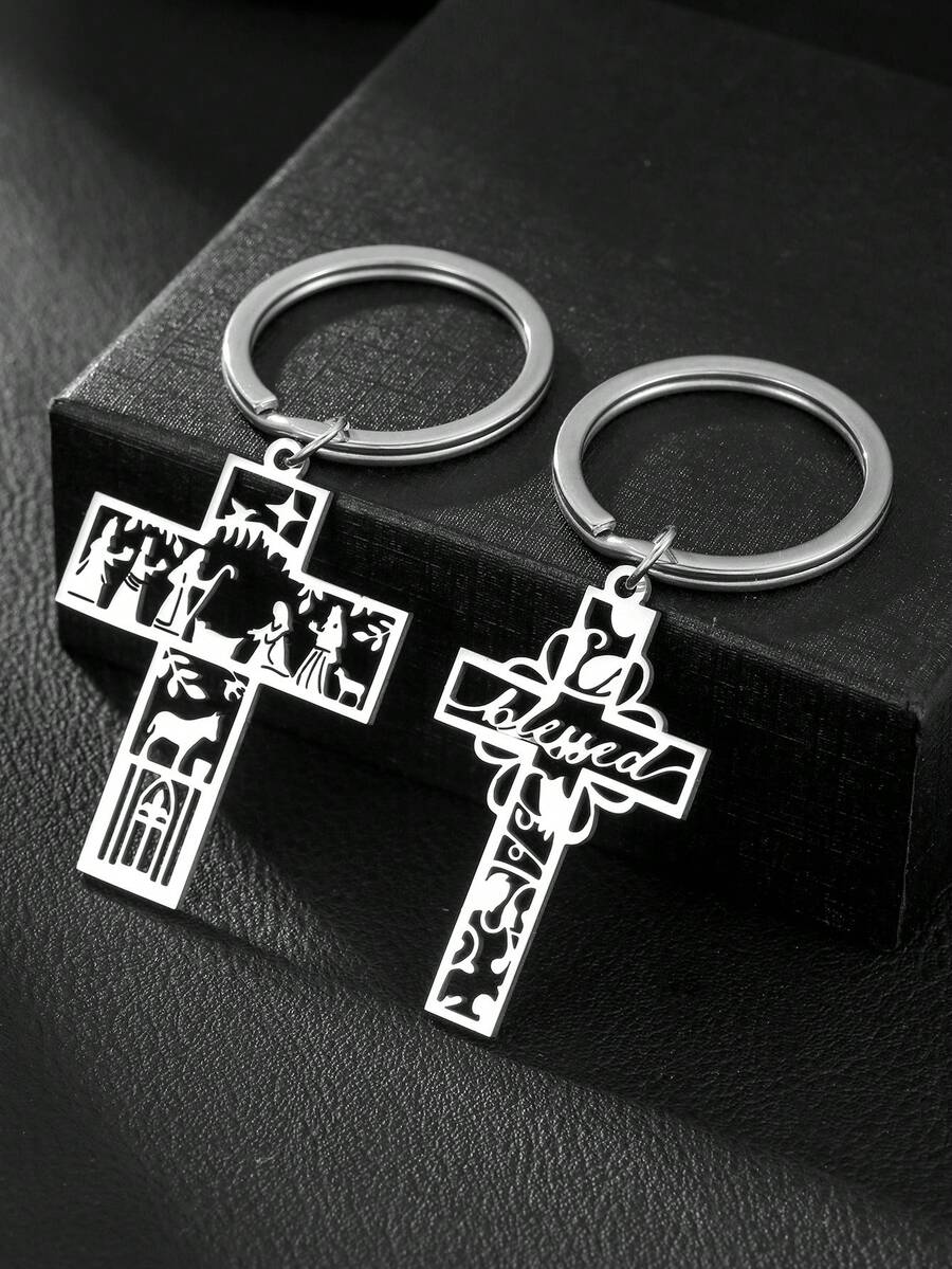 1pc Hollow Cross Baptism Charm Keychain - Silver - View 1