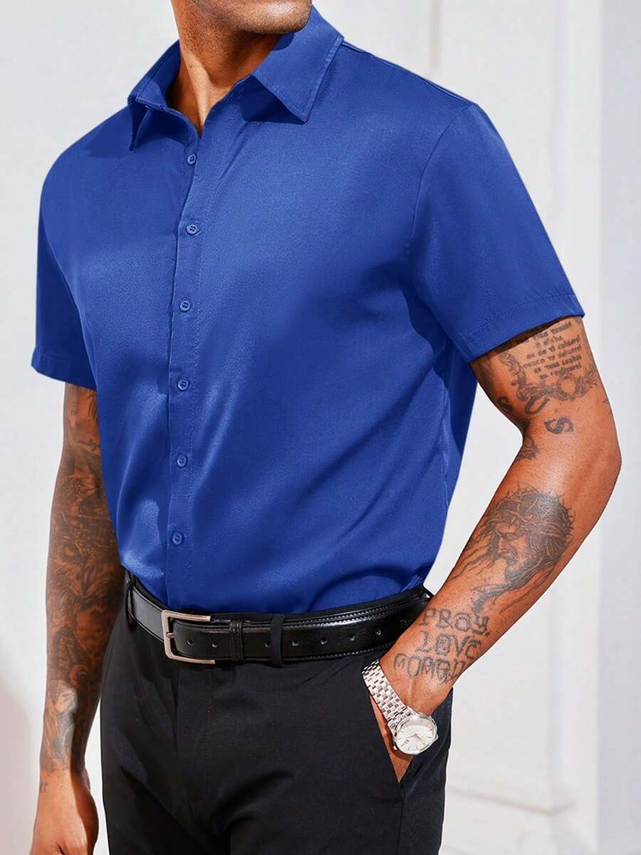 Runcati Mens Luxury Satin Silk Dress Shirts Casual Button Down Short Sleeve Prom Party Wedding Shirt - 寶藍色 - 查看 1