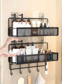 1pc, Bathroom Bathroom Wall Shelf Without Punching Shampoo Bath Toothpaste Hanging Iron Storage Shelf Corner Tripod Back To School
