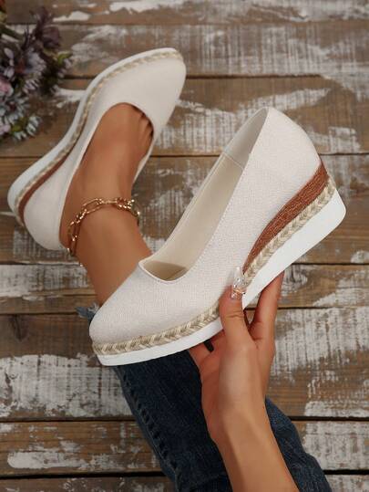 5cm Wedge Heel Solid Color Vacation Boho Woven Fabric Casual Slip-On Shoes, Suitable For Office, Outdoor, All Seasons