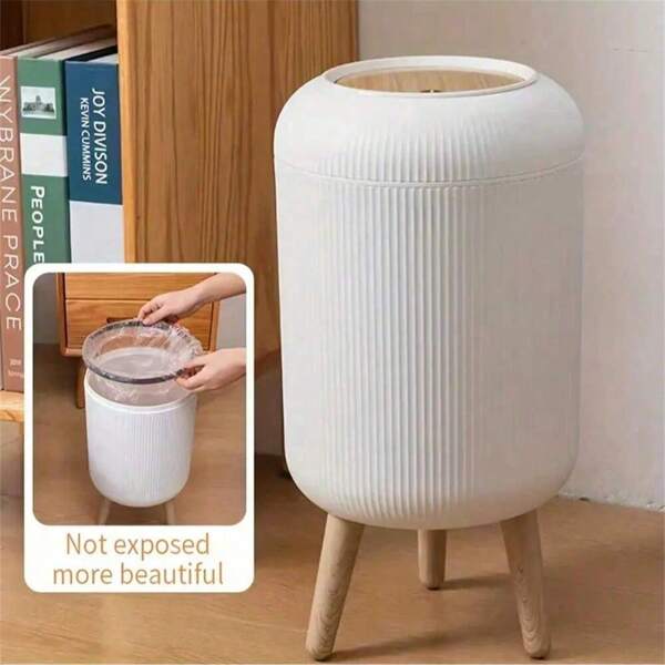 Fashionable Wooden Pattern Covered Trash Can With Press Lid - Durable Plastic, Round Shape For Kitchen, Bathroom, Living Room - Essential Household Cleaning Accessory