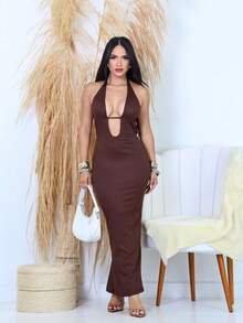 Elegant Long Dress With Padded Bra And Backless V-Neckline Ribbed 2025 - 鏽棕色 - 查看 2