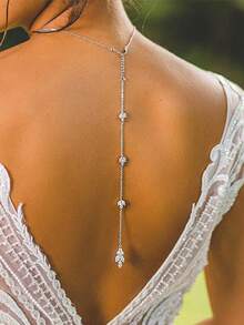 Luxury Floral Zirconia Bridal Back Chain Necklace, Long Pendant Women's Summer Full Zirconia Bridal Body Chain Wedding Jewelry, Summer - Silver - View 1