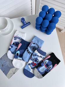 Disney 4 pares de calcetines tobilleros de mujer con estampado de Stitch de , versátiles para todas las temporadas, color aleatorio, de tela de alta calidad, sin relleno