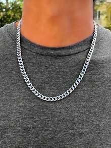 1pc Fashion Men's Stainless Steel Cuban Chain Necklace Simple Design - 6mm Silver Links, Fashion Accessories Daily Wear Necklace - A - View 1