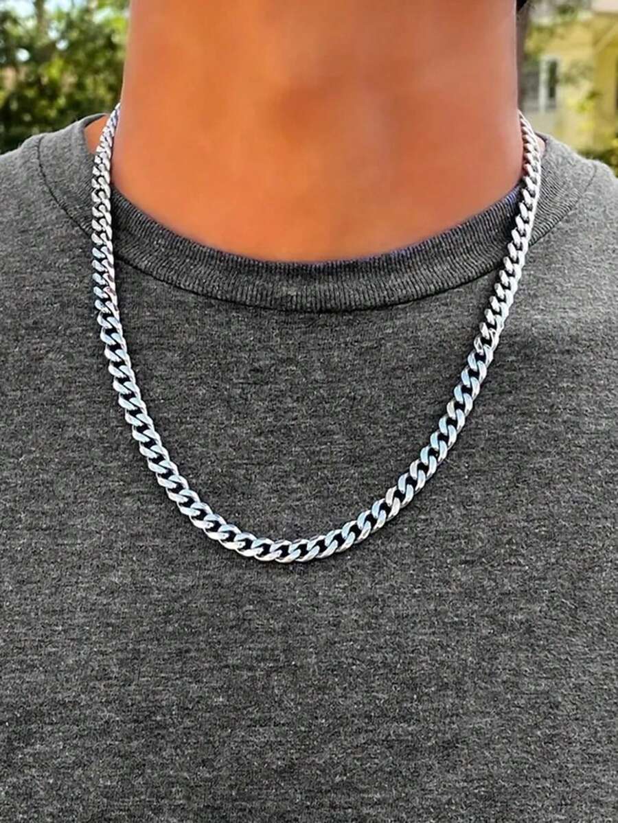 1pc Fashion Men's Stainless Steel Cuban Chain Necklace Simple Design - 6mm Silver Links, Fashion Accessories Daily Wear Necklace - A - View 1