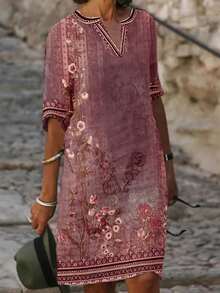 Plus Size Women Casual & Homewear Printed Dress - Burgundy - View 1