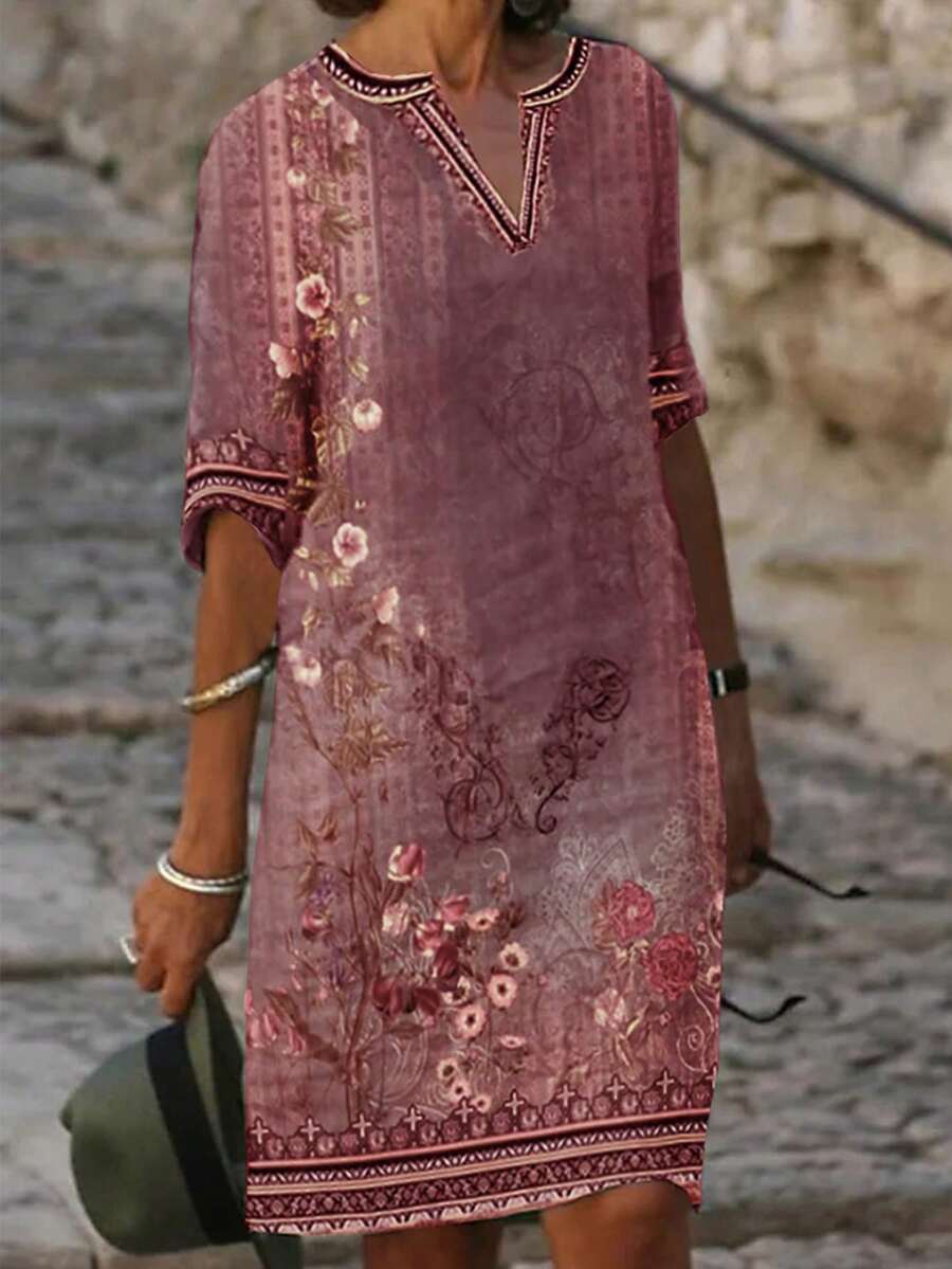 Plus Size Women Casual & Homewear Printed Dress - Burgundy - View 1