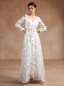 白色长袖优雅深V领印花礼服，适合作为新娘母亲的礼物，阿拉伯连衣裙 - 白色 - 查看 6