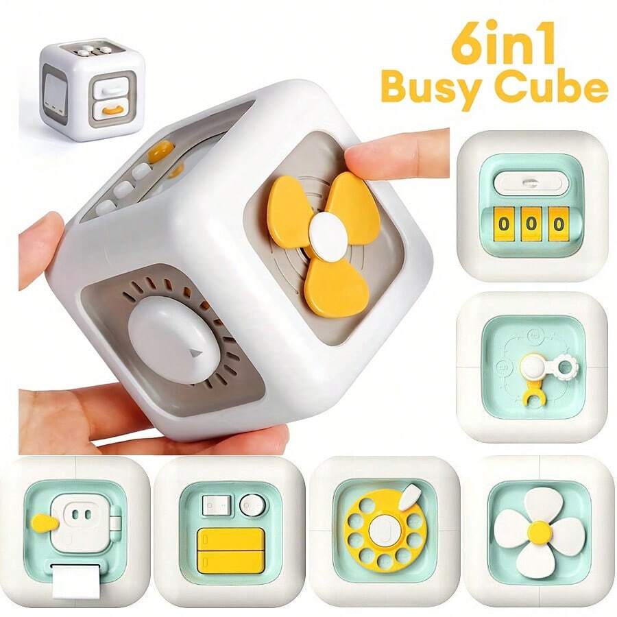 6-In-1 Busy Cube Toy, Suitable For Teens And Youth - Improves Fine Motor Skills And Early Learning Abilities, White With Yellow Accents, Made In China, Teen Toy