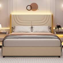 Modern LED Upholstered Bed Frame With Silver Wingback Headboard – Soft PU Leather, Platform Design, Easy Assembly, Ideal For Bedroom, Twin Bed Frame With LED Lights/ Full Bed Frame With LED Lights/ Queen Bed Frame With LED Lights/ Twin Size Bed Frame/ Full Size Bed Frame/ Queen Size Bed Frame, Black/Pink/Beige (USB LED Strip) - 米色 - 查看 6