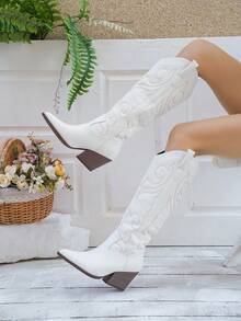 Women's Fashion Western Style White PU Leather Embroidered Chunky Heel Mid-Calf Boots, Pointed Toe Slip-On Classic Straight Shaft Boots, Suitable For Indoor, Outdoor, Party, Fit For Retro, Sexy, Casual, Elegant Styles - White - View 8