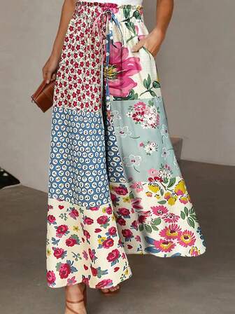 女式夏季花卉和叶子印花抽绳口袋扭纹阔腿裤