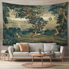 1 pezzo Arazzo da parete in terylene vintage con motivo forestale, decorazione artistica da parete di grandi dimensioni con paesaggio naturale, per soggiorno, camera da letto, dormitorio, casa, stile bohémien, in tessuto di poliestere con motivo paesaggistico