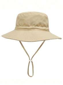 1pc Kids Sun Protection Bucket Hat With Windproof Rope, Simple Solid Color Or Cartoon Print Design, Thin Breathable Bucket Hat, Beach Hat And Bucket Hat Suitable For Daily Travel