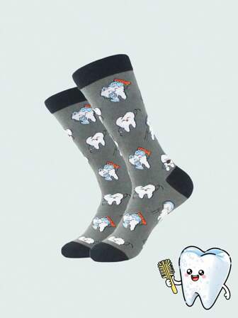 1 Pair Women And Men Cartoon Funny Teeth Get A Shower Pattern Crew Sock Comfortable For Daily , Sports And Party In Spring , Summer And Autumn