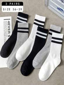 3/6pairs Women Striped Pattern Casual Crew Socks, For Daily Life, Fall Socks