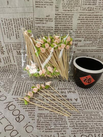 10/16/20/25/30/35pcs Handmade Pink Rose Bamboo Stick Decorations, Creative Valentine's Day Cake Decor, Cocktail/Cold Dish/Fruit Dessert Picks, Holiday Party Supplies (Some Glue Residue Is Normal And Won't Affect Usage)