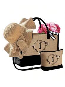 3pcs/Set Women'S Beach Tote Bag With Shoulder Straps,With Women'S Beach Hat And A Makeup Bag,Letter A-Z Beach Accessories Bag,Personalized Gift Bag With Side Pockets, Beach Bag With Scarf, Women'S Khaki Wave Beach Sun Hat - Khaki - View 20