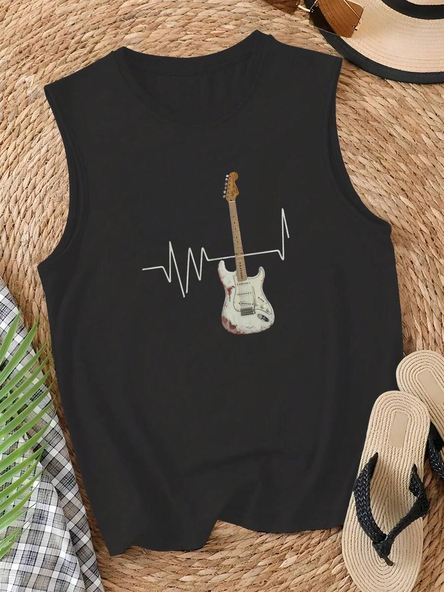 Stratocaster Guitar ECG Line Women's Vest - 黑色 - 查看 1